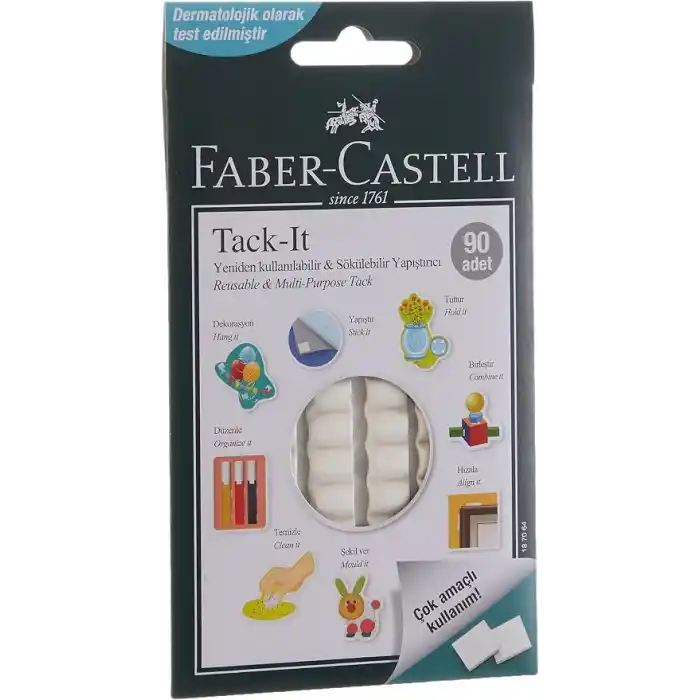 Faber-Castell Tack-it Beyaz, 50 gr, 90 Parça, Yeniden Kullanılabilir Hamur Yapıştırıcı, Sökülebilir ve İz Bırakmaz