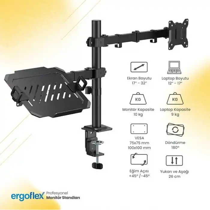 Ergoflex A74L Çift Kol Profosyonel 17-32 Monitör Tutucu ve Laptop Standı