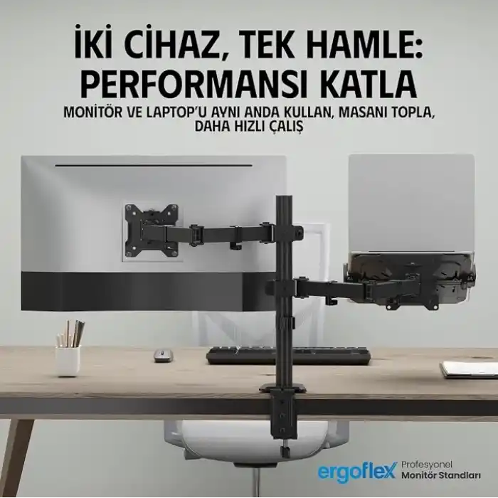 Ergoflex A74L Çift Kol Profosyonel 17-32 Monitör Tutucu ve Laptop Standı