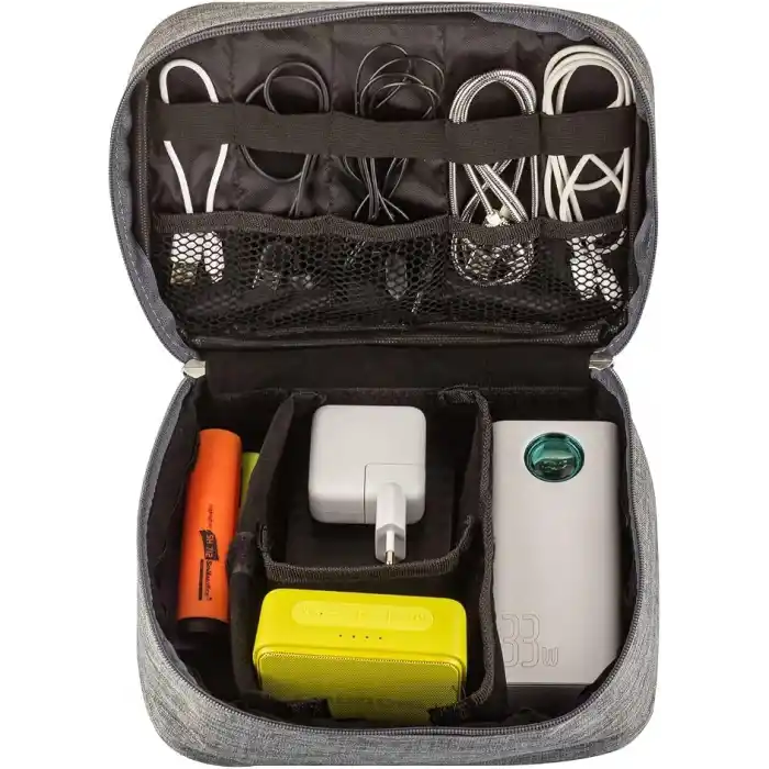 Livx Fermuarlı Elektronik Aksesuar Düzenleyici Çanta Organizer Kablo Düzenleyici Gadget Çanta Cırt Cırt Kemerli Su Geçirmez Boyun Askılı Aksesuar Çantası Gri SRF11-01