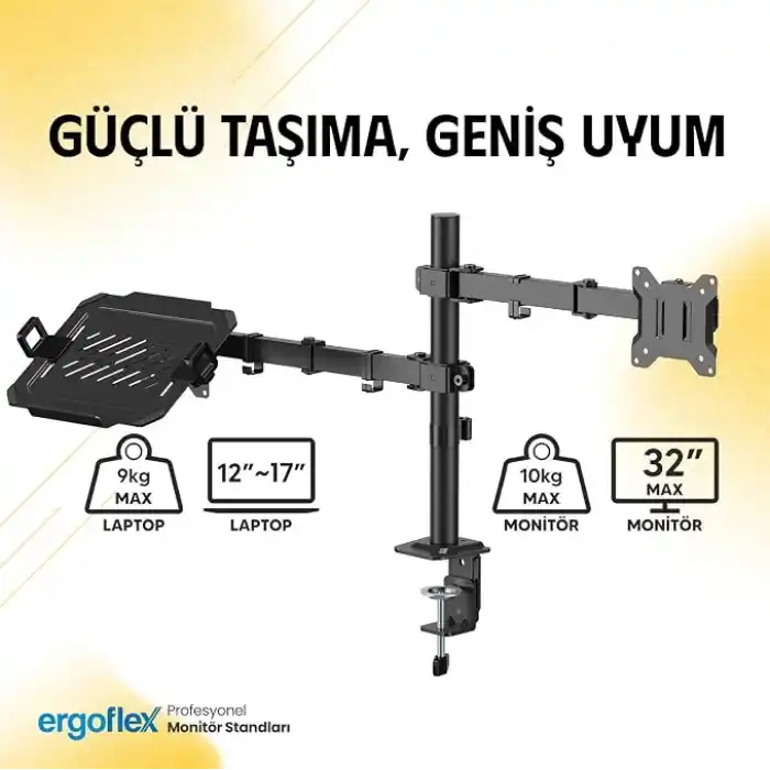 Ergoflex A74L Çift Kol Profosyonel 17-32 Monitör Tutucu ve Laptop Standı