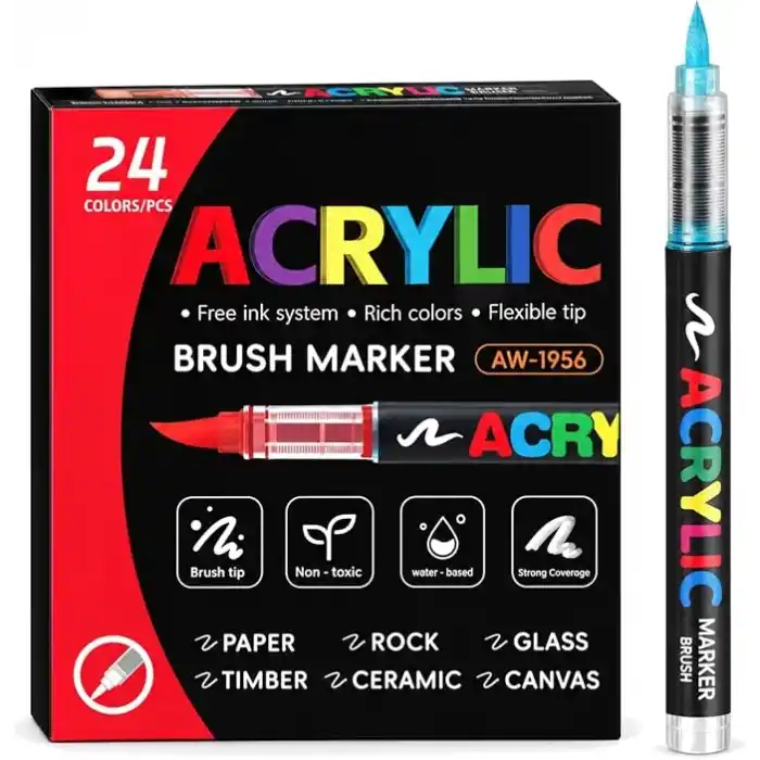 Akrilik Marker Kalem Seti 24lı, Esnek Fırça Uçlu Boya Kalemi