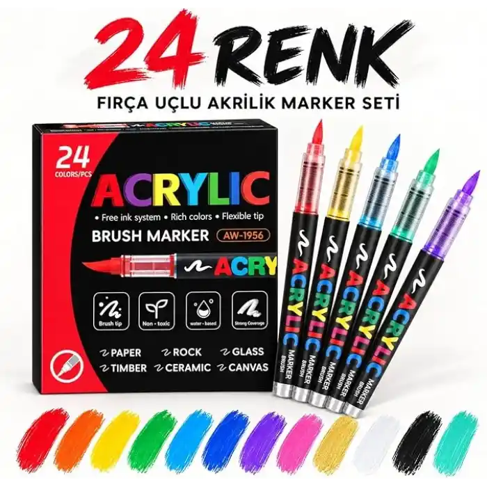 Akrilik Marker Kalem Seti 24lı, Esnek Fırça Uçlu Boya Kalemi