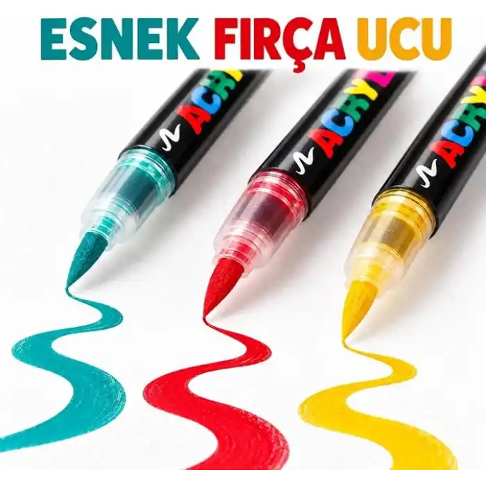 Akrilik Marker Kalem Seti 24lı, Esnek Fırça Uçlu Boya Kalemi