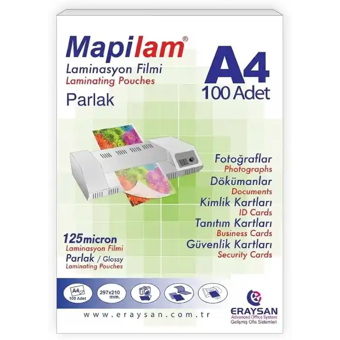 Mapilam Laminasyon Filmi 125 Mikron A4 100lü Paket (Parlak)