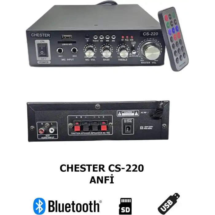 Chester CS-220 Bluetooth Stereo Amfi USB SD MP3 Dijital Ekranlı Çift Mikrofon Girişli Karaoke Anfi