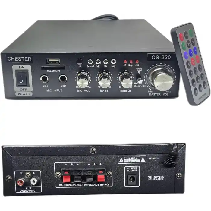 Chester CS-220 Bluetooth Stereo Amfi USB SD MP3 Dijital Ekranlı Çift Mikrofon Girişli Karaoke Anfi