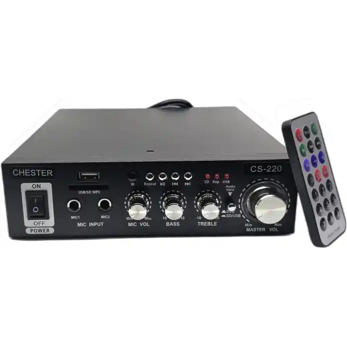 Chester CS-220 Bluetooth Stereo Amfi USB SD MP3 Dijital Ekranlı Çift Mikrofon Girişli Karaoke Anfi