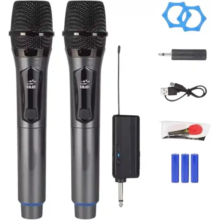 YK-MC448 Çift El Kablosuz Mikrofon Seti – 2.4G UHF Wireless, 50 m Menzil, Alıcılı, Sahne Sunum Karaoke Uyumlu