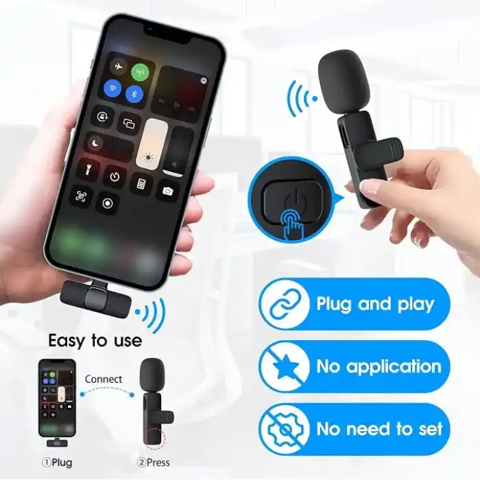 Kopdkes Profesyonel kablosuz yaka mikrofonu iPhone iPad, Plug-Play 2.4G Ultra Düşük Gecikme-Dahili Gürültü Azaltma Çip Yaka Mikrofon Röportaj, Podcast, Vlog, YouTube