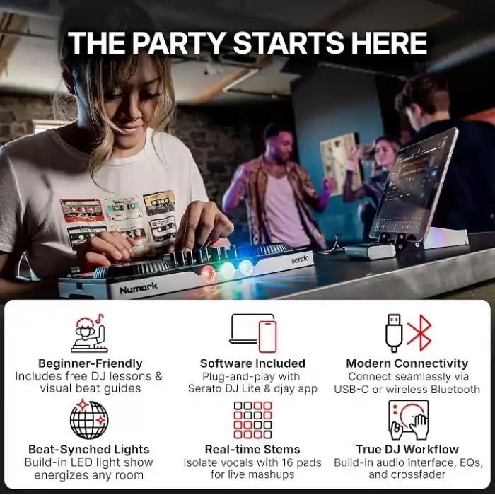 Numark Party Mix III Dahili Işıklı Bluetooth DJ Controller – 2 Deck, 16 Pad, Stems Kontrolü, Beat Assist, Smart Fader, USB-C, Serato DJ Lite & Algoriddim djay Dahil, Başlangıç DJ Seti