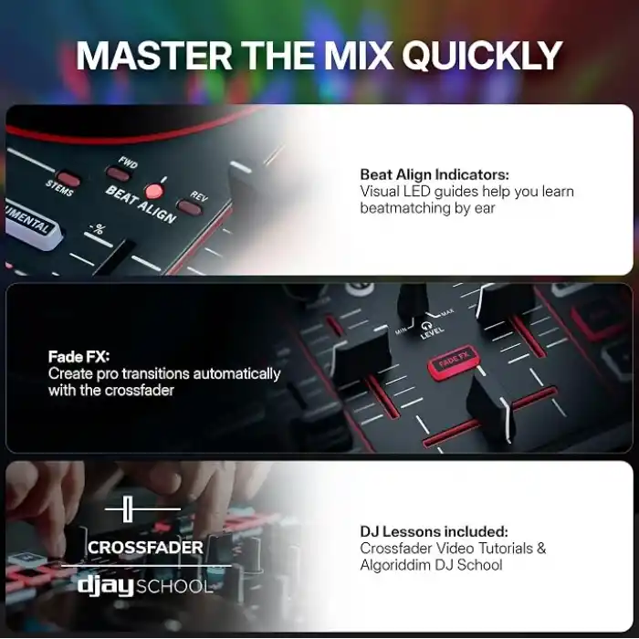 Numark Party Mix III Dahili Işıklı Bluetooth DJ Controller – 2 Deck, 16 Pad, Stems Kontrolü, Beat Assist, Smart Fader, USB-C, Serato DJ Lite & Algoriddim djay Dahil, Başlangıç DJ Seti