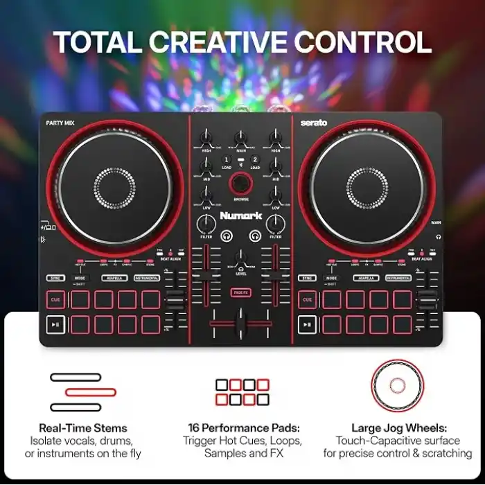 Numark Party Mix III Dahili Işıklı Bluetooth DJ Controller – 2 Deck, 16 Pad, Stems Kontrolü, Beat Assist, Smart Fader, USB-C, Serato DJ Lite & Algoriddim djay Dahil, Başlangıç DJ Seti