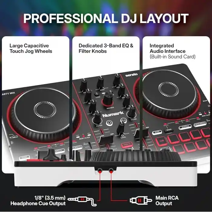 Numark Party Mix III Dahili Işıklı Bluetooth DJ Controller – 2 Deck, 16 Pad, Stems Kontrolü, Beat Assist, Smart Fader, USB-C, Serato DJ Lite & Algoriddim djay Dahil, Başlangıç DJ Seti