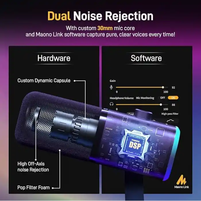 MAONO Akış, Podcast ve Stüdyo Kaydı için USB/XLR Oyun Mikrofonları, PC, PS4/PS5, Mikserler için Çift Gürültü Engelleme, Yazılım, RGB ve Sessiz Düğmeye Sahip Dinamik Mikrofonlar (PD100X Siyah)