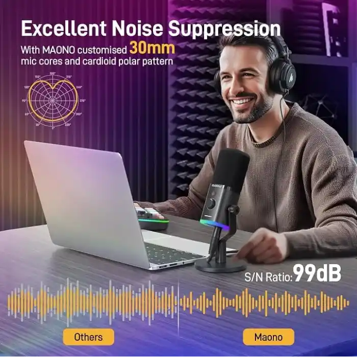 MAONO Akış, Podcast ve Stüdyo Kaydı için USB/XLR Oyun Mikrofonları, PC, PS4/PS5, Mikserler için Çift Gürültü Engelleme, Yazılım, RGB ve Sessiz Düğmeye Sahip Dinamik Mikrofonlar (PD100X Siyah)