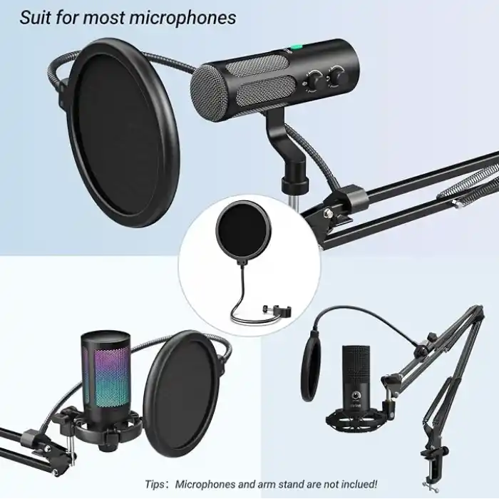 FIFINE Boom Arm veya Masaüstü Standı için Mikrofon Pop Filtresi, Çift Katmanlı Mikrofon Kalkanı, Kaz boynu Klipsi, Akış, Podcasting, Seslendirme, Ev Kayıt Stüdyosu için Şarkı Söyleme