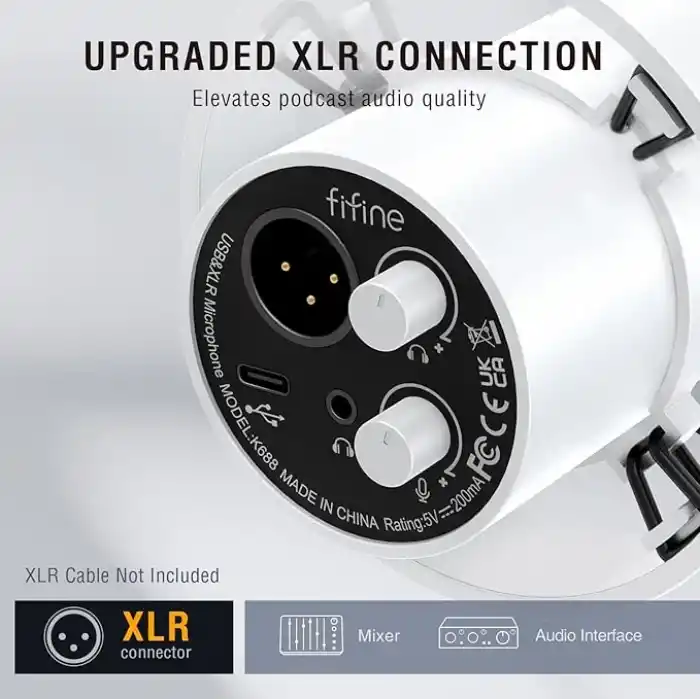 FIFINE Stüdyo XLR Dinamik Mikrofon, Akış Kaydı için USB PC Podcast Mikrofon, XLR/USB Vokal Mikrofon, Dokunarak Sessiz, Kazanç Düğmesi, Kulaklık İzleme - Amplitank K688 Beyaz