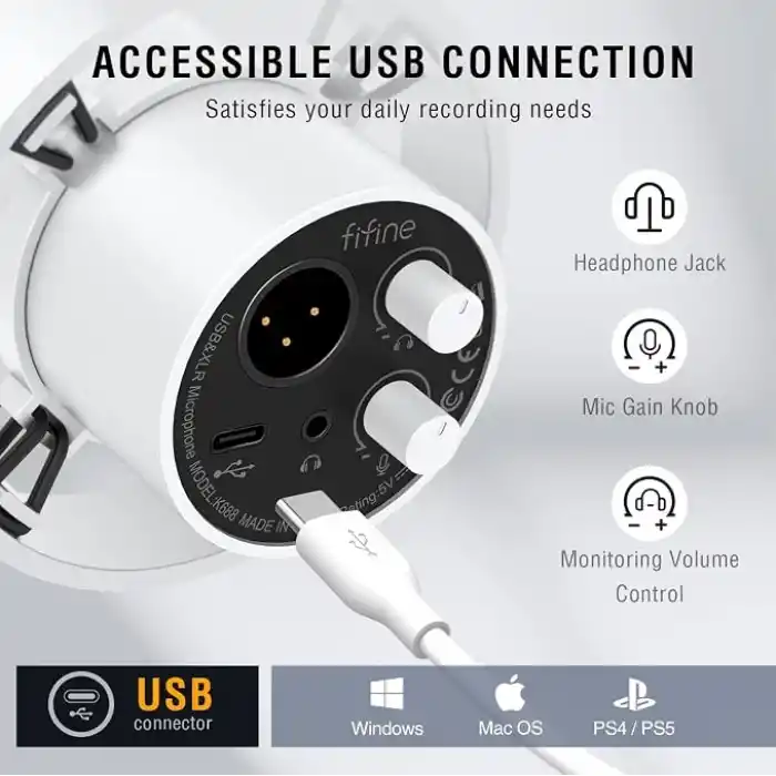 FIFINE Stüdyo XLR Dinamik Mikrofon, Akış Kaydı için USB PC Podcast Mikrofon, XLR/USB Vokal Mikrofon, Dokunarak Sessiz, Kazanç Düğmesi, Kulaklık İzleme - Amplitank K688 Beyaz