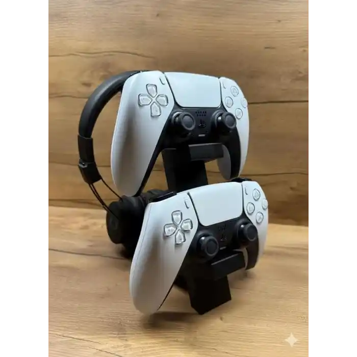 PS5 DualSense 2’li Oyun Kolu ve Kulaklık Standı Siyah Renk | 3D Baskı Şık Dikey Tutucu (21.5x18x4 cm)