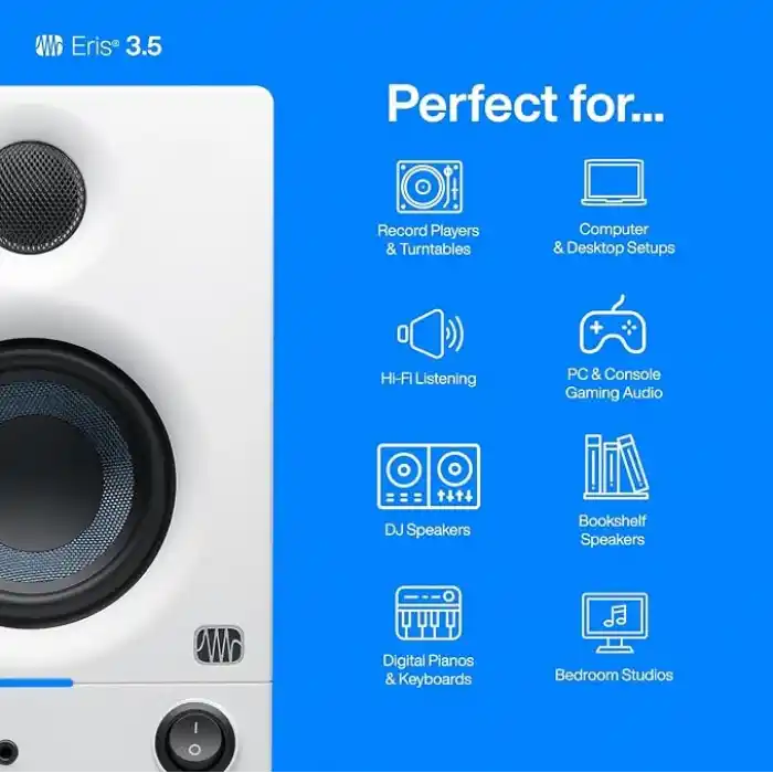 PreSonus Eris 3.5 Gen 2 Aktif Hoparlör, Multimedya, Oyun, Stüdyo Müzik Prodüksiyonu, 50W Güç, Beyaz