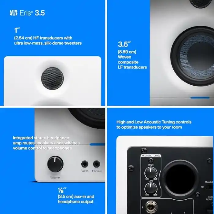 PreSonus Eris 3.5 Gen 2 Aktif Hoparlör, Multimedya, Oyun, Stüdyo Müzik Prodüksiyonu, 50W Güç, Beyaz
