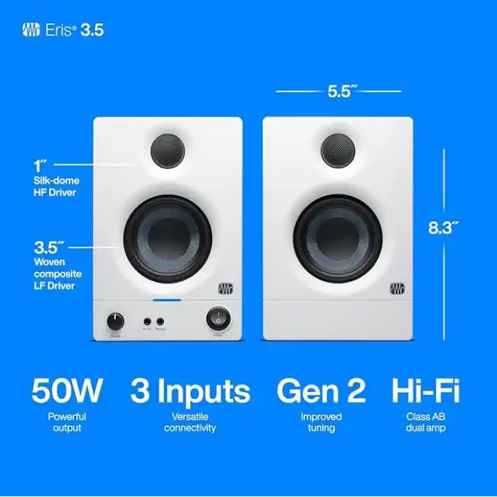 PreSonus Eris 3.5 Gen 2 Aktif Hoparlör, Multimedya, Oyun, Stüdyo Müzik Prodüksiyonu, 50W Güç, Beyaz