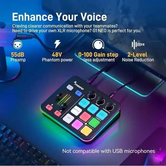 MAONO Oyun Ses Mikseri, Pro-preamp ile Ses Arayüzü, RGB, Bluetooth, Canlı Yayın için 48V Phantom Power, Podcasting, İçerik Oluşturma, Oyun MaonoCaster G1 NEO (SİYAH)