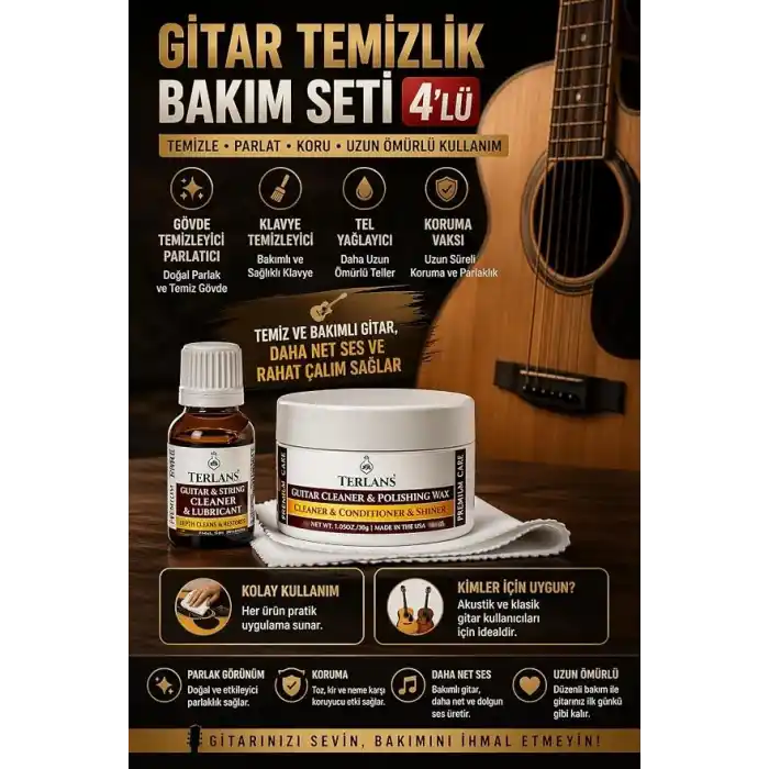 Terlans Gitar Temizlik Bakım Seti 4 lü Gövde Klavye Temizleyici Parlatıcı Vaks & Tel Yağlayıcı Guitar Cleaning Kit