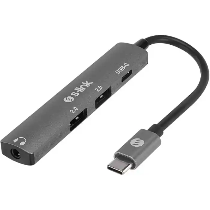 S-LINK SWV-USBC024 4 in 1 Gri Metal TypeC to 2*USB2.0 USB-C, 3.5mm Aux Port Type C Adaptör, SWV-USBC024
