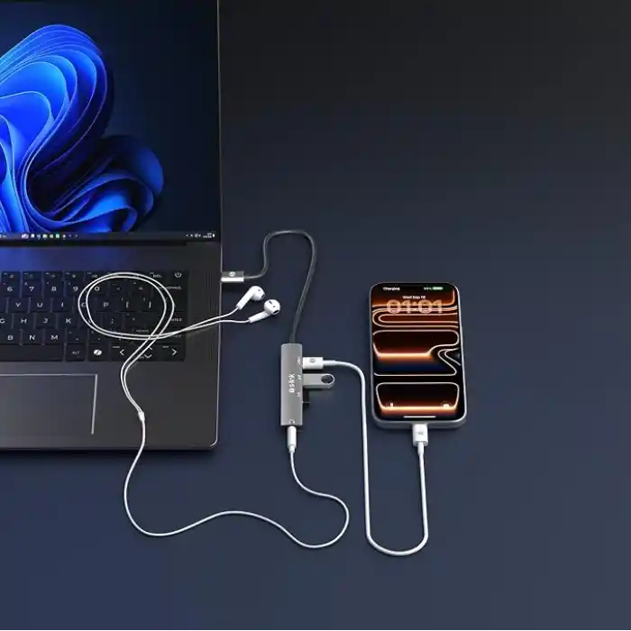 S-LINK SWV-USBC024 4 in 1 Gri Metal TypeC to 2*USB2.0 USB-C, 3.5mm Aux Port Type C Adaptör, SWV-USBC024
