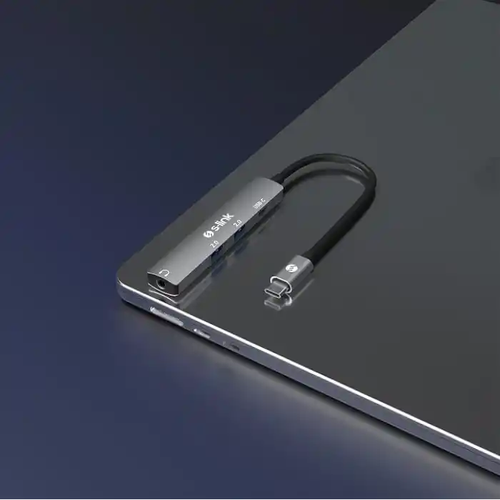 S-LINK SWV-USBC024 4 in 1 Gri Metal TypeC to 2*USB2.0 USB-C, 3.5mm Aux Port Type C Adaptör, SWV-USBC024