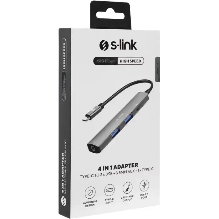 S-LINK SWV-USBC024 4 in 1 Gri Metal TypeC to 2*USB2.0 USB-C, 3.5mm Aux Port Type C Adaptör, SWV-USBC024