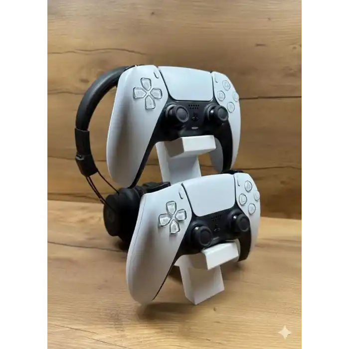 PS5 DualSense 2’li Oyun Kolu ve Kulaklık Standı Beyaz Renk | 3D Baskı Şık Dikey Tutucu (21.5x18x4 cm)