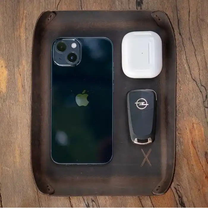 Masaüstü Organizer, Toplayıcı, Hakiki Deri Vale Tepsisi, Telefon pedi, Deri Sümen, Deri Pad, Deri Kase, Zarf ve Mektup Tepsisi, vallet tray, catch it all tray, leather (Kestane - Koyu Kahverengi)