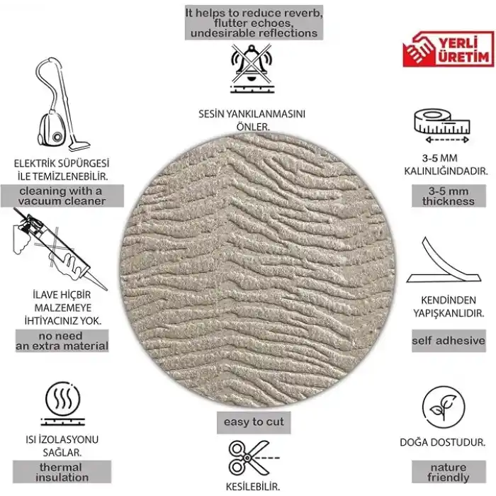 Tink 3D Kendinden Yapışkanlı Duvar Kağıdı Yeni Nesil Akustik Keçe Panel Desenli 52x98 cm (Ekru, 2 Adet 1 m²)