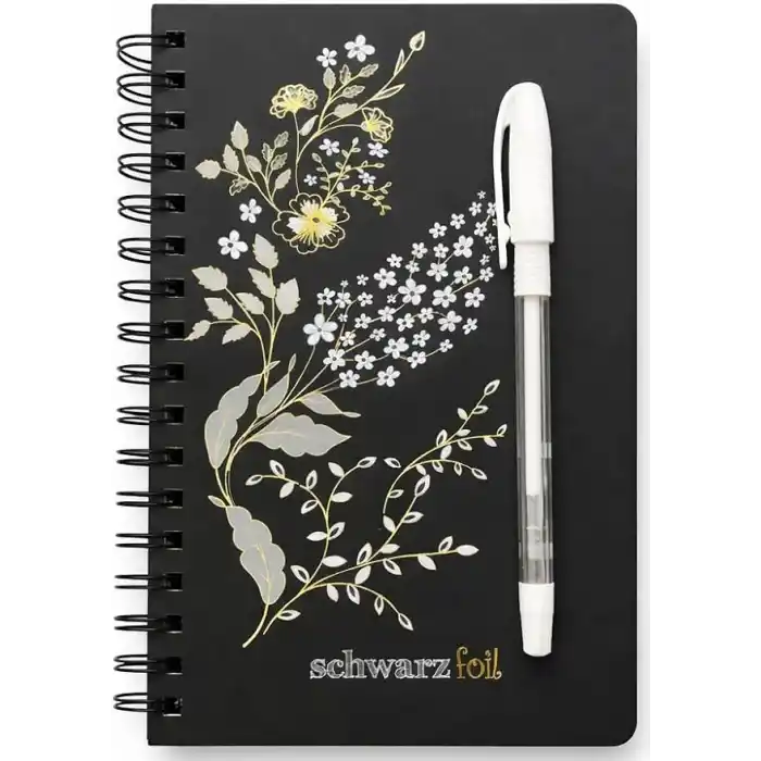 Schwarz Foil Siyah Sayfalı Sert Kapak Spiral Defter, Beyaz Kalem Hediyeli, 60 Sayfa, 14×20 cm, Gold, Beyaz Folyo Çiçek Desenli Siyah Kapak, Tam Açılabilir Spiral Cilt, Günlük Not İçin Premium Defter