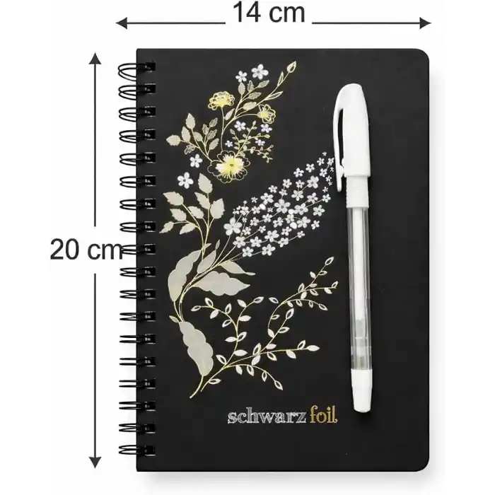 Schwarz Foil Siyah Sayfalı Sert Kapak Spiral Defter, Beyaz Kalem Hediyeli, 60 Sayfa, 14×20 cm, Gold, Beyaz Folyo Çiçek Desenli Siyah Kapak, Tam Açılabilir Spiral Cilt, Günlük Not İçin Premium Defter