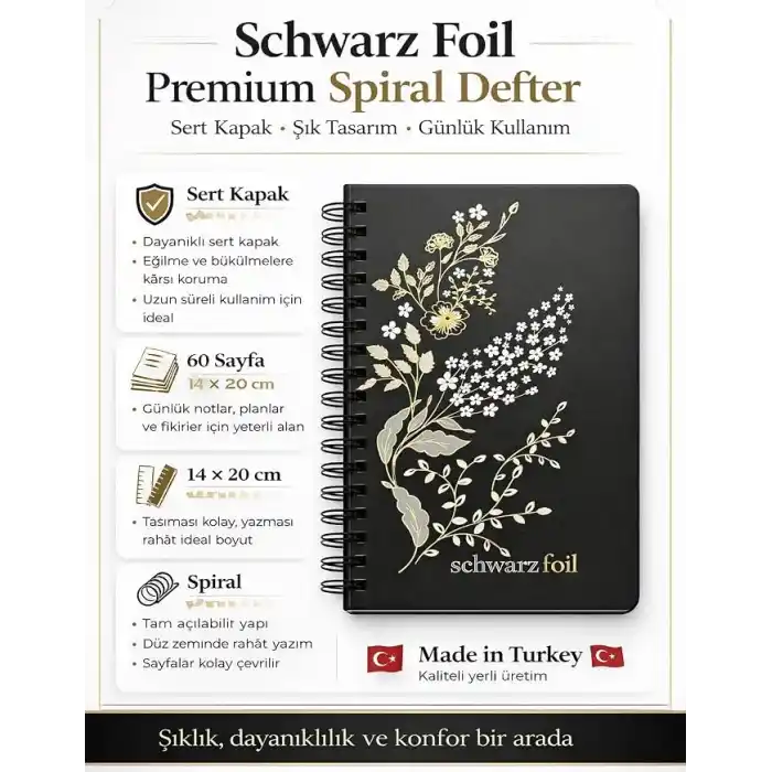 Schwarz Foil Siyah Sayfalı Sert Kapak Spiral Defter, Beyaz Kalem Hediyeli, 60 Sayfa, 14×20 cm, Gold, Beyaz Folyo Çiçek Desenli Siyah Kapak, Tam Açılabilir Spiral Cilt, Günlük Not İçin Premium Defter