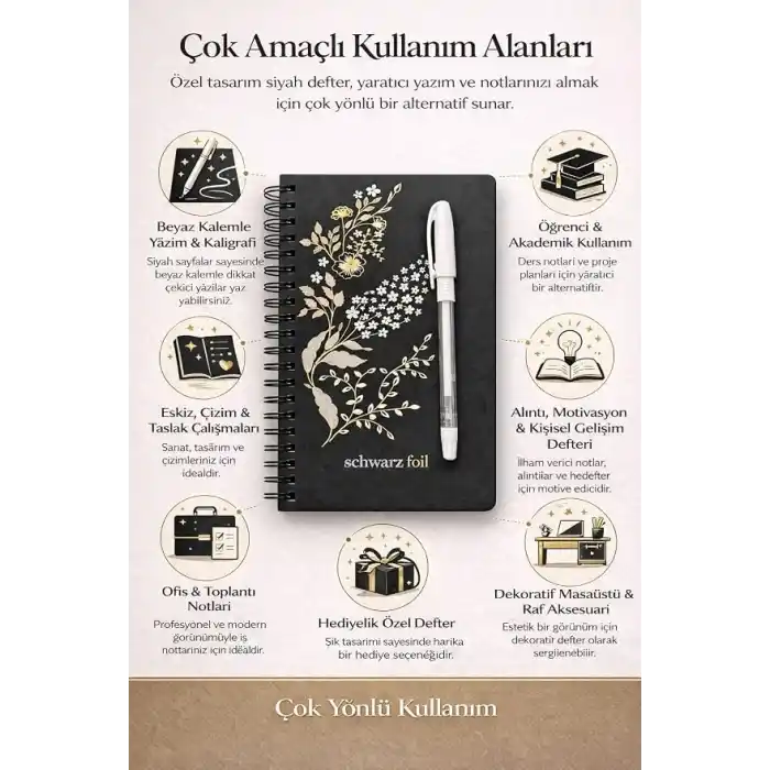 Schwarz Foil Siyah Sayfalı Sert Kapak Spiral Defter, Beyaz Kalem Hediyeli, 60 Sayfa, 14×20 cm, Gold, Beyaz Folyo Çiçek Desenli Siyah Kapak, Tam Açılabilir Spiral Cilt, Günlük Not İçin Premium Defter