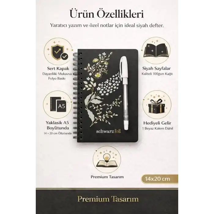 Schwarz Foil Siyah Sayfalı Sert Kapak Spiral Defter, Beyaz Kalem Hediyeli, 60 Sayfa, 14×20 cm, Gold, Beyaz Folyo Çiçek Desenli Siyah Kapak, Tam Açılabilir Spiral Cilt, Günlük Not İçin Premium Defter