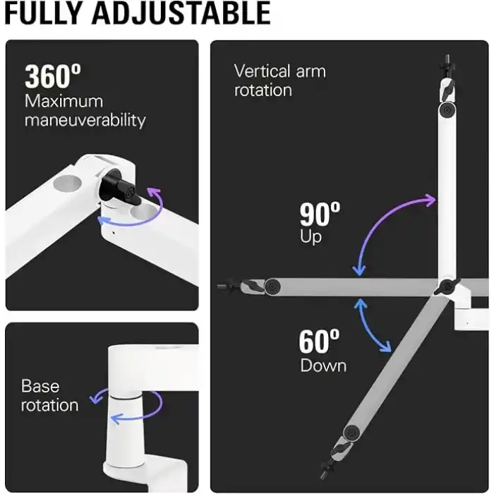Elgato Wave Mic Arm LP Mikrofon Kolu, Beyaz, Kablo Yönetimli, Alçak Profil