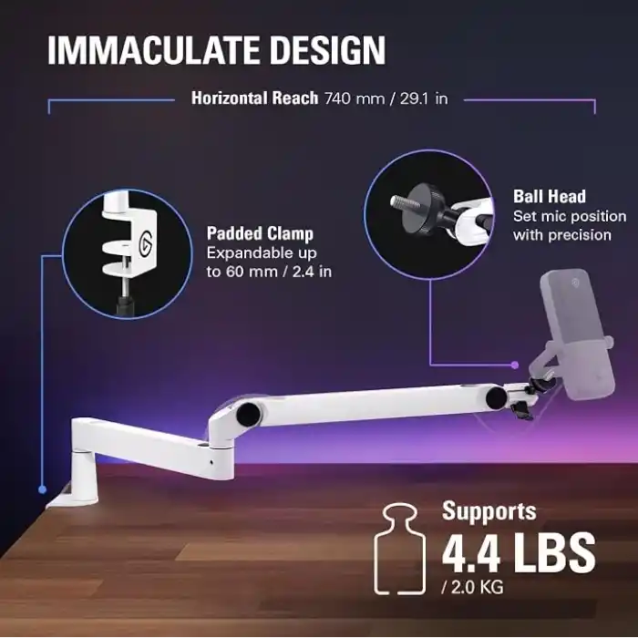 Elgato Wave Mic Arm LP Mikrofon Kolu, Beyaz, Kablo Yönetimli, Alçak Profil