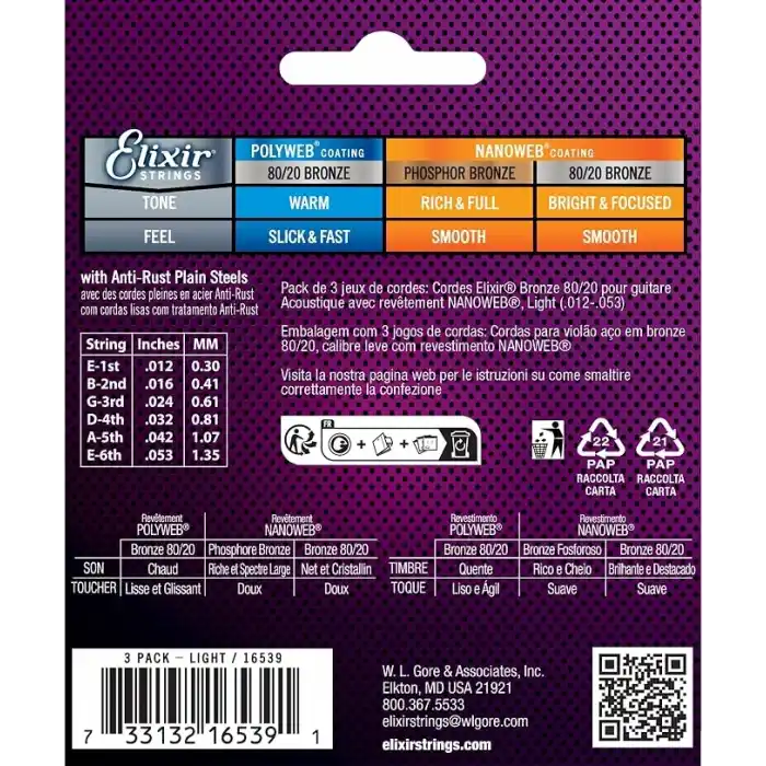 Elixir Akustik Bronz Nano Tel 012/053 (3lü Paket)