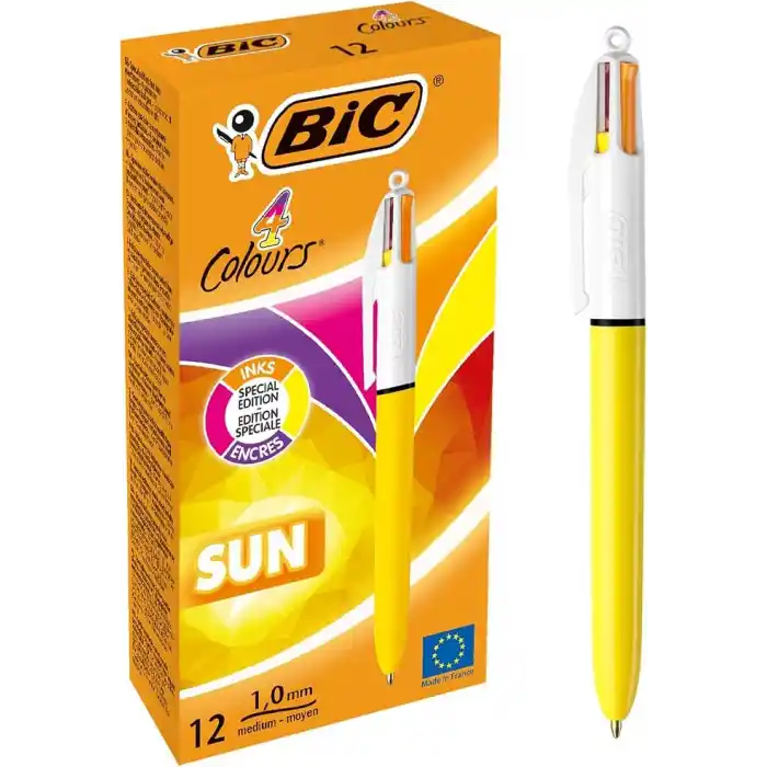BIC 4 Colours Sun Tükenmez Kalem, 12li Kutu, 1.0mm Uç, Tek Kalemde Sarı, Mor, Turuncu ve Pembe Renkler
