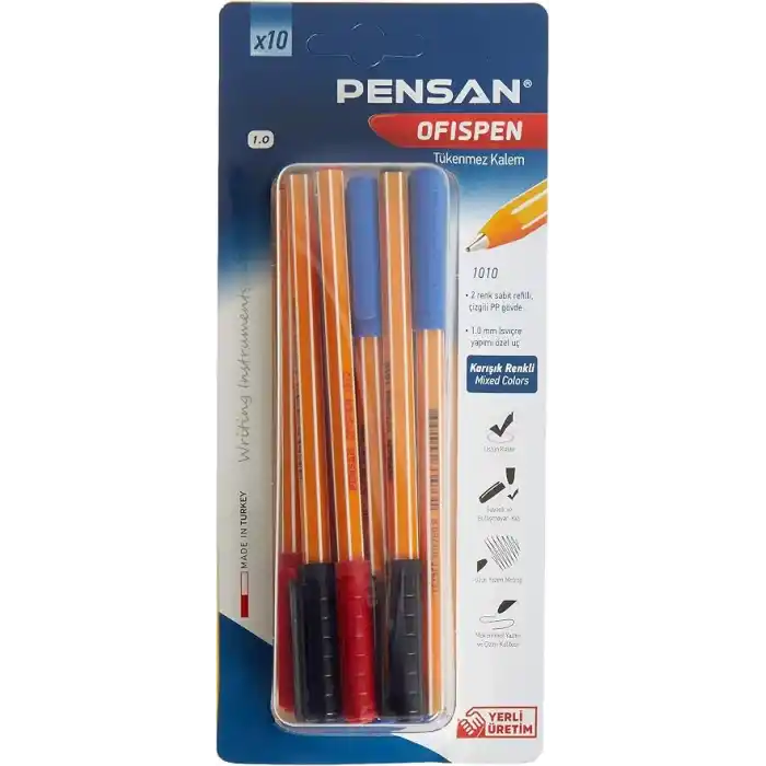 Pensan PE01010TKKRMT10 1010 Tükenmez Kalem, 10 Lu Blister 1 Mm,çok_renkli