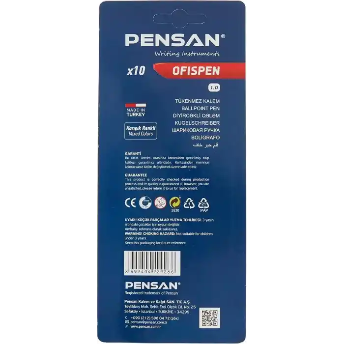 Pensan PE01010TKKRMT10 1010 Tükenmez Kalem, 10 Lu Blister 1 Mm,çok_renkli