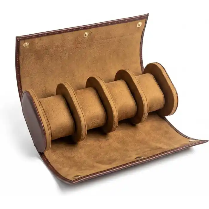4’lü Deri Saat Kutusu Silindir Tasarım Taşınabilir Saat Saklama Organizer 24x11x7 cm(Taba)