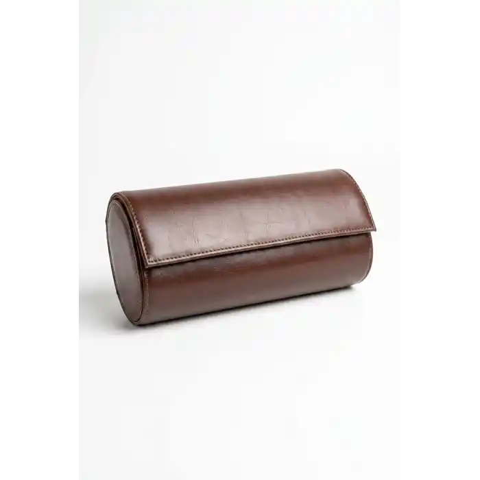 4’lü Deri Saat Kutusu Silindir Tasarım Taşınabilir Saat Saklama Organizer 24x11x7 cm(Taba)
