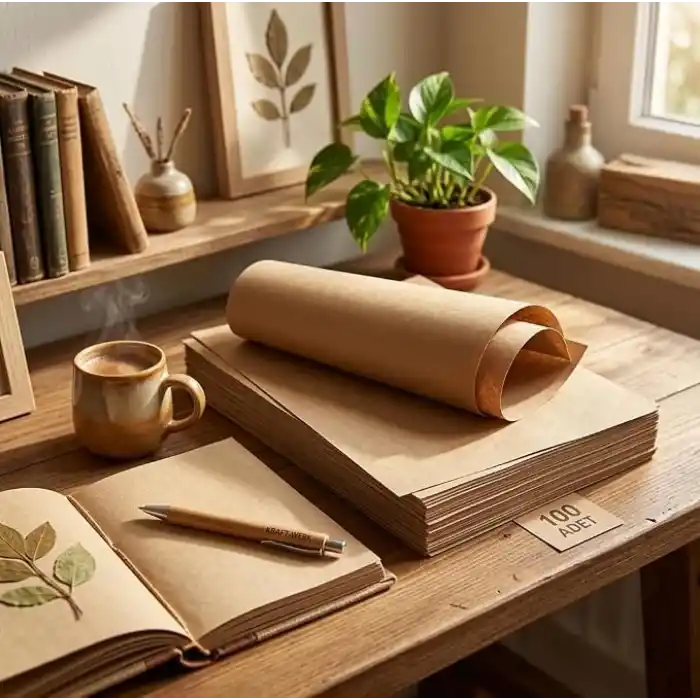 A4 Kraft Kağıt 100 Adet (21x29.7 cm) - Doğal Kahverengi Ambalaj, Baskı, Çizim, Paketleme ve Hobi İçi Çok Amaçlı Saman Kağıdı